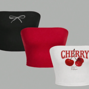 3pcs Women's Cherry Print, Bow Tie Casual Tube Top,