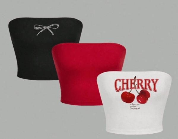 3pcs Women's Cherry Print, Bow Tie Casual Tube Top,