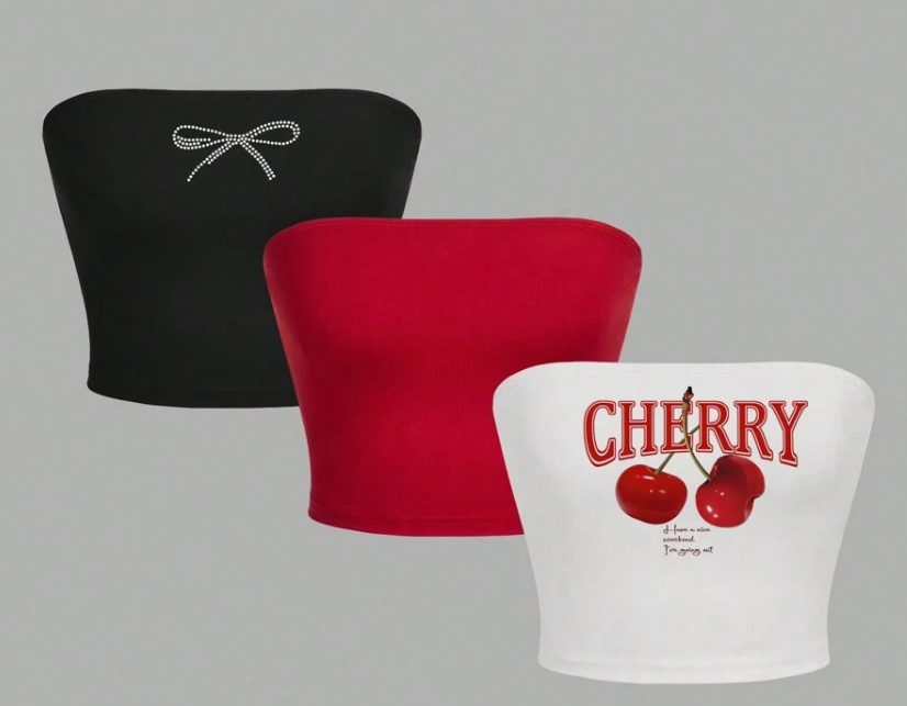 3pcs Women's Cherry Print, Bow Tie Casual Tube Top,