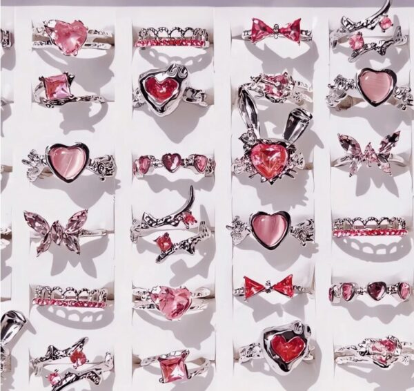 10Pcs Pink Heart Love Butterfly Rings