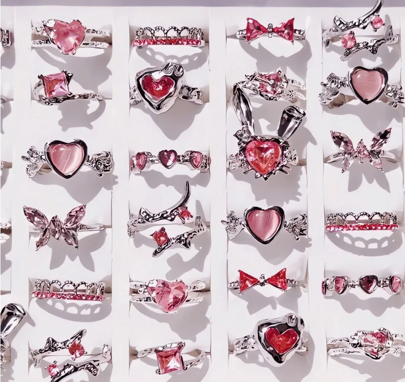 10Pcs Pink Heart Love Butterfly Rings