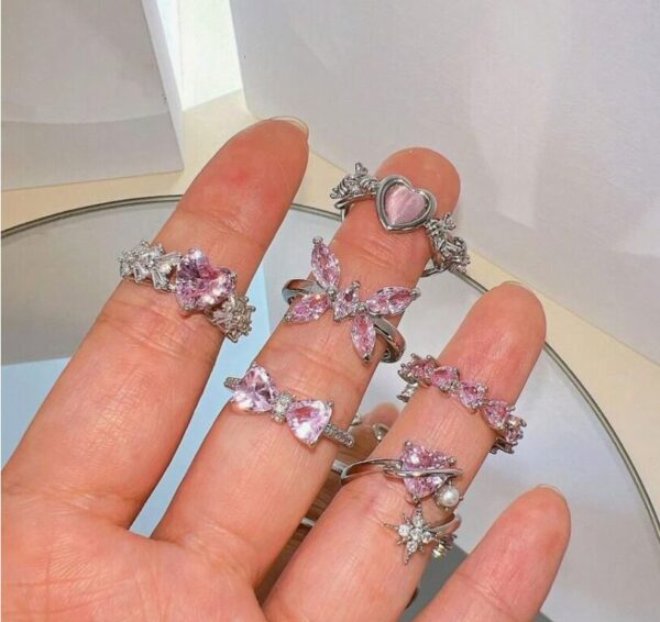10Pcs Pink Heart Love Butterfly Rings