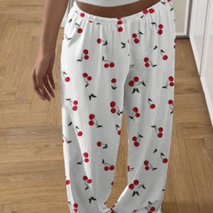 Minimalist Cherry Print Black Loose Fit Low-Waisted Pants