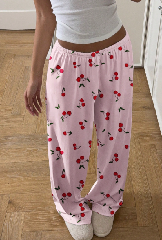 Minimalist Cherry Print Black Loose Fit Low-Waisted Pants