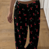 Minimalist Cherry Print Black Loose Fit Low-Waisted Pants