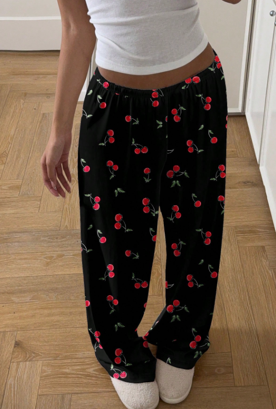 Minimalist Cherry Print Black Loose Fit Low-Waisted Pants