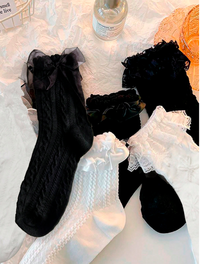 6 Pairs Cute Bow & Ruffle Design Socks