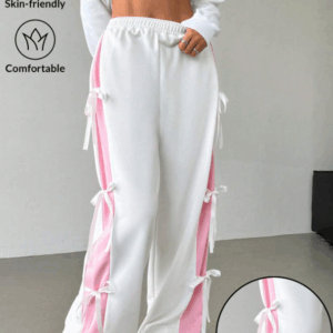 Women’s Contrast Color Straight-Leg Sweatpants with Bow Tie