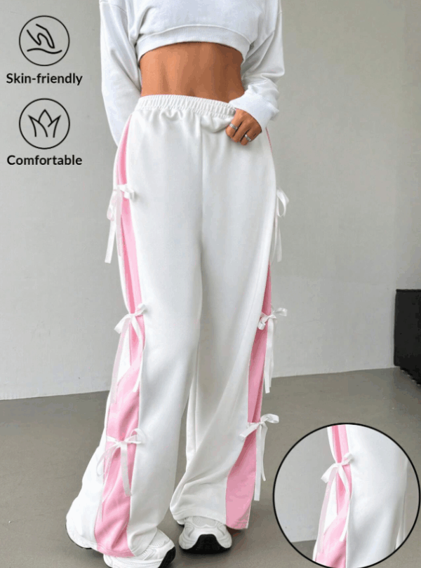 Women’s Contrast Color Straight-Leg Sweatpants with Bow Tie