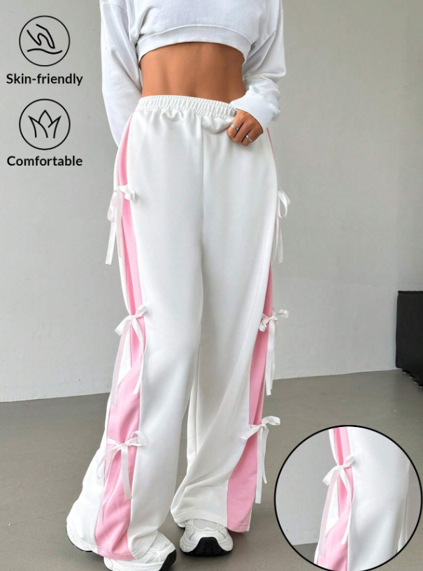 Women’s Contrast Color Straight-Leg Sweatpants with Bow Tie