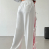 Women’s Contrast Color Straight-Leg Sweatpants with Bow Tie