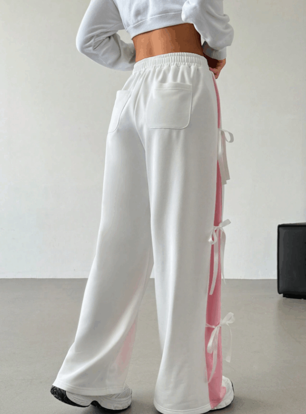 Women’s Contrast Color Straight-Leg Sweatpants with Bow Tie
