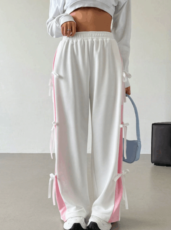 Women’s Contrast Color Straight-Leg Sweatpants with Bow Tie