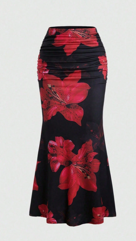 Women’s Floral Print Pleated A-Line Maxi Skirt