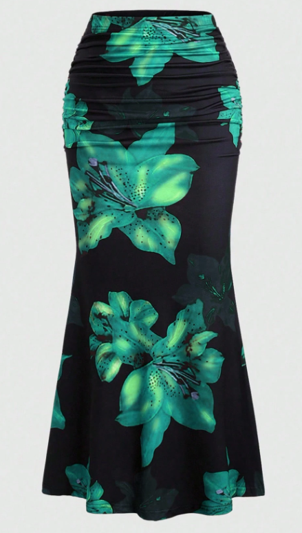 Women’s Floral Print Pleated A-Line Maxi Skirt