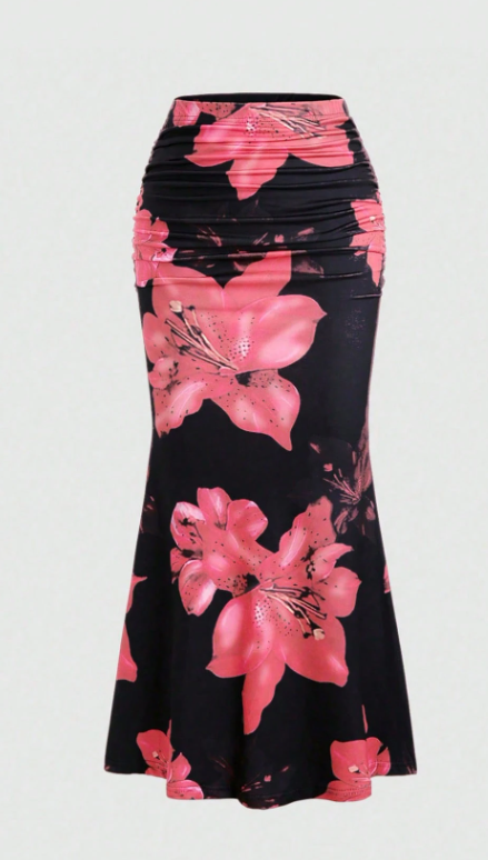 Women’s Floral Print Pleated A-Line Maxi Skirt