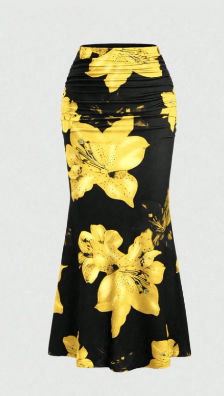 Women’s Floral Print Pleated A-Line Maxi Skirt