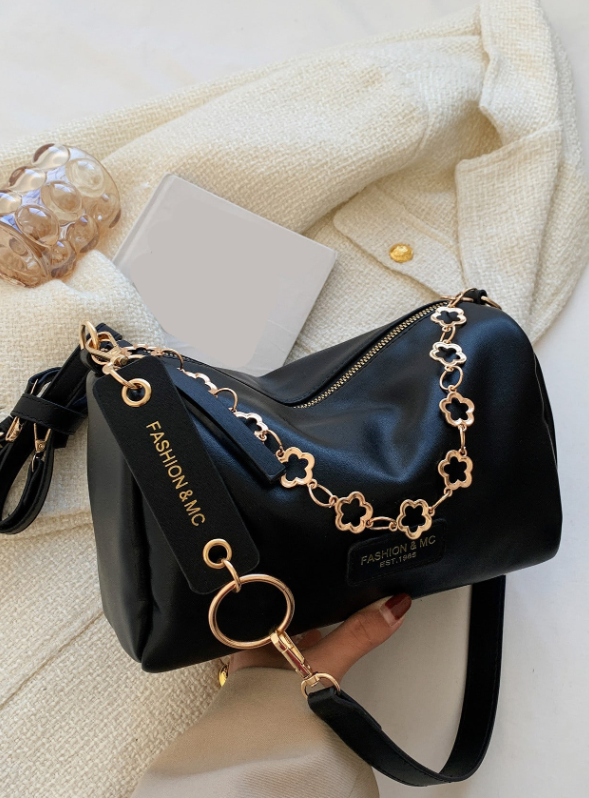 Low Tea Colorblock Shoulder Bucket Bag with Metallic Chain Detail