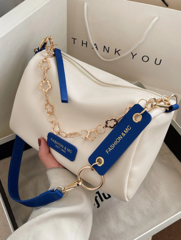 Low Tea Colorblock Shoulder Bucket Bag with Metallic Chain Detail