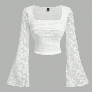 Women’s White Lace Cup Flared Sleeve T-Shirt