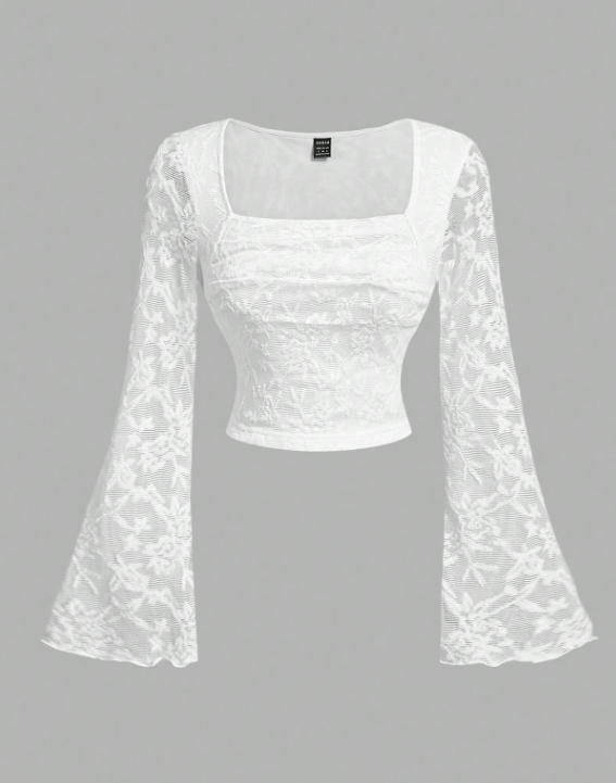 Women’s White Lace Cup Flared Sleeve T-Shirt
