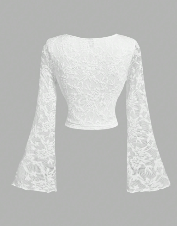 Women’s White Lace Cup Flared Sleeve T-Shirt