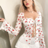 Women’s Cherry Print Mesh Blouse – Lace-Up, Sheer & Elegant