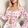 Women’s Cherry Print Mesh Blouse – Lace-Up, Sheer & Elegant