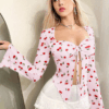 Women’s Cherry Print Mesh Blouse – Lace-Up, Sheer & Elegant