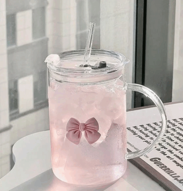 Cute Pink Clear Ribbon Glass Mug – Heatproof & Party-Ready
