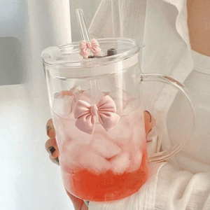 Cute Pink Clear Ribbon Glass Mug – Heatproof & Party-Ready