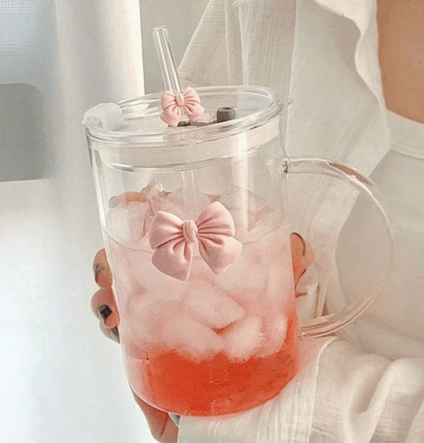 Cute Pink Clear Ribbon Glass Mug – Heatproof & Party-Ready