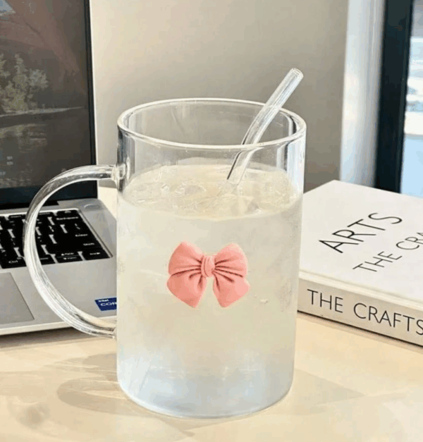 Cute Pink Clear Ribbon Glass Mug – Heatproof & Party-Ready