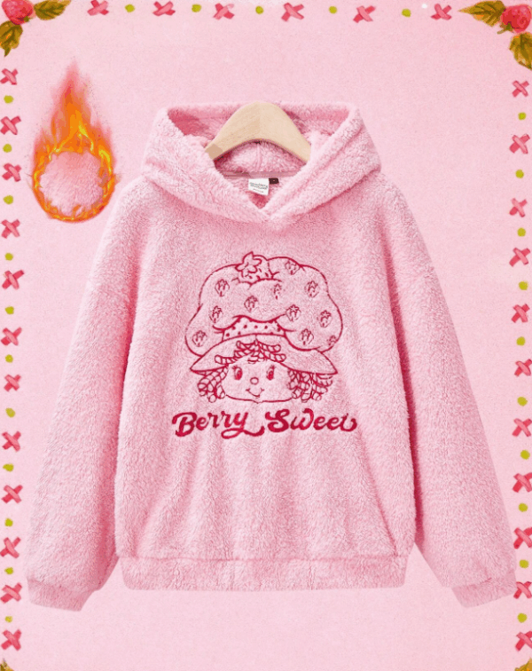 Strawberry Shortcake Fleece Hoodie – Pink, Double-Sided, Embroidered Design