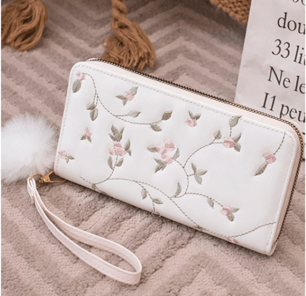 Women’s Embroidered Multi-Slot Long Wallet with Charm Pendant