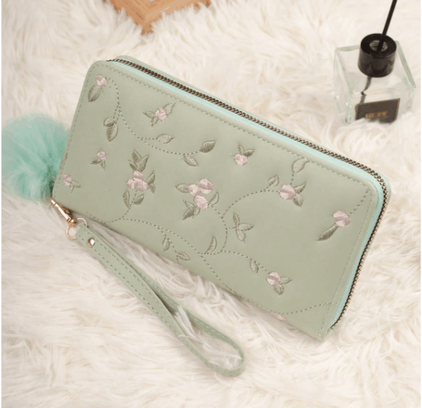 Women’s Embroidered Multi-Slot Long Wallet with Charm Pendant