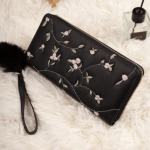 Women’s Embroidered Multi-Slot Long Wallet with Charm Pendant