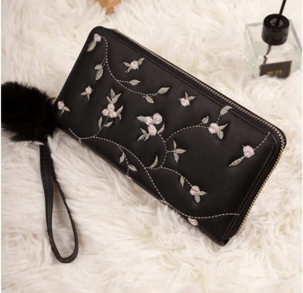 Women’s Embroidered Multi-Slot Long Wallet with Charm Pendant