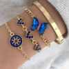 4pcs Vintage Resin Butterfly & Crystal Heart Charm Bracelet Set