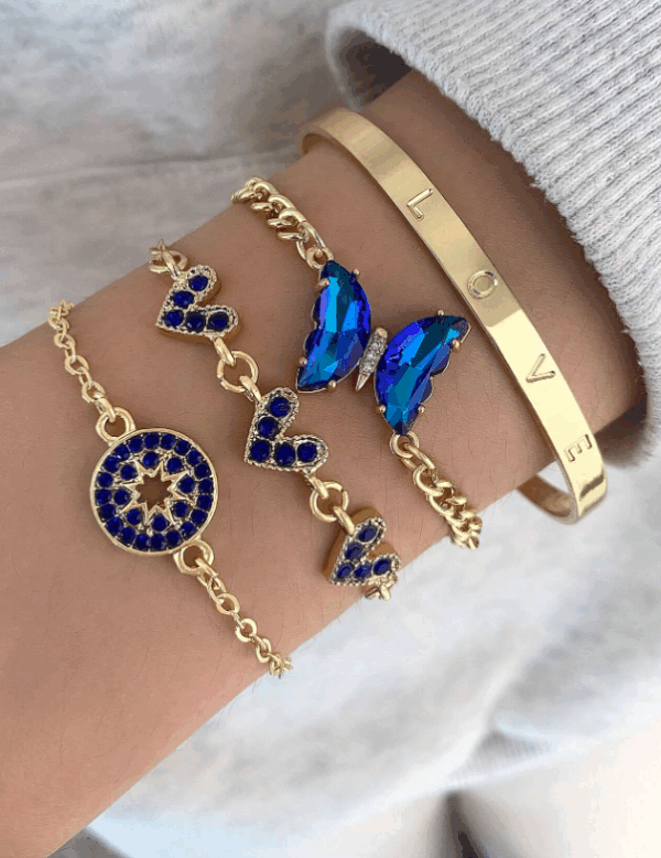 4pcs Vintage Resin Butterfly & Crystal Heart Charm Bracelet Set