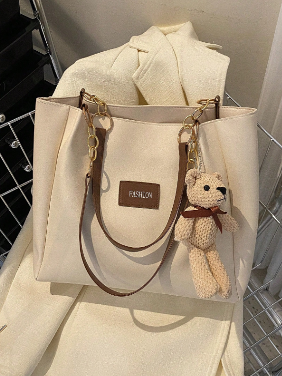 Chain & Letter Patch Shoulder Tote Bag with Bear Charm