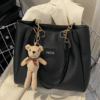 Chain & Letter Patch Shoulder Tote Bag with Bear Charm