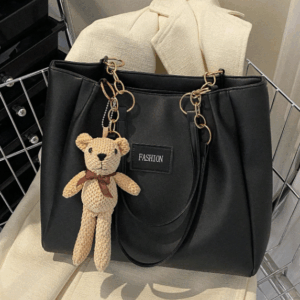 Chain & Letter Patch Shoulder Tote Bag with Bear Charm
