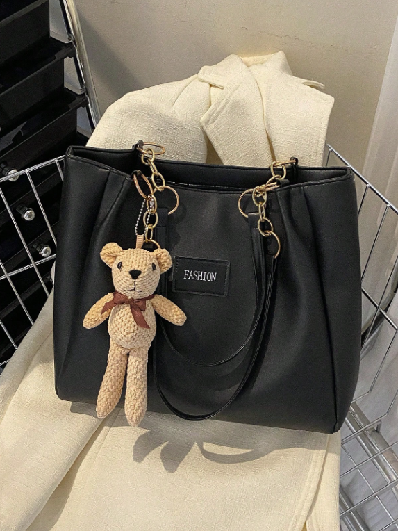 Chain & Letter Patch Shoulder Tote Bag with Bear Charm