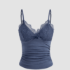 V-Neck Solid Lace Ruched Cami Top