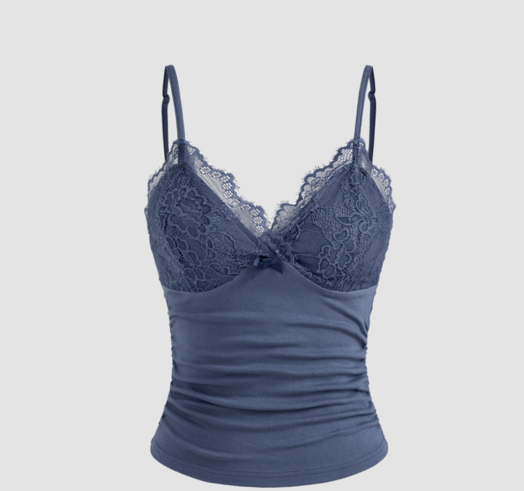V-Neck Solid Lace Ruched Cami Top